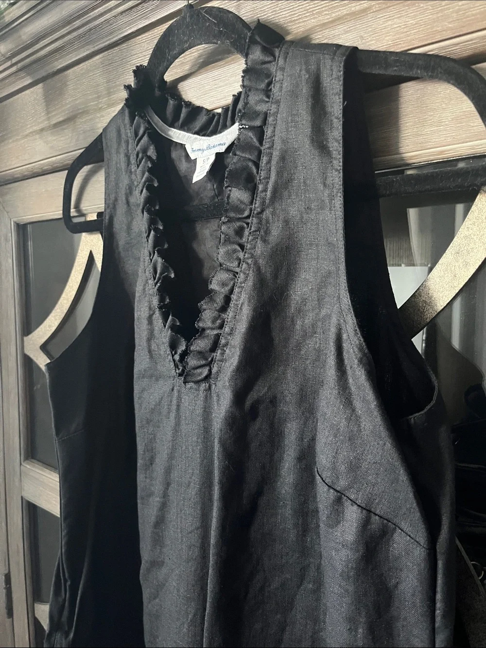 Tommy Bahama Black Ruffle V-Neck Dress 100% linen shell; 100% cotton lining